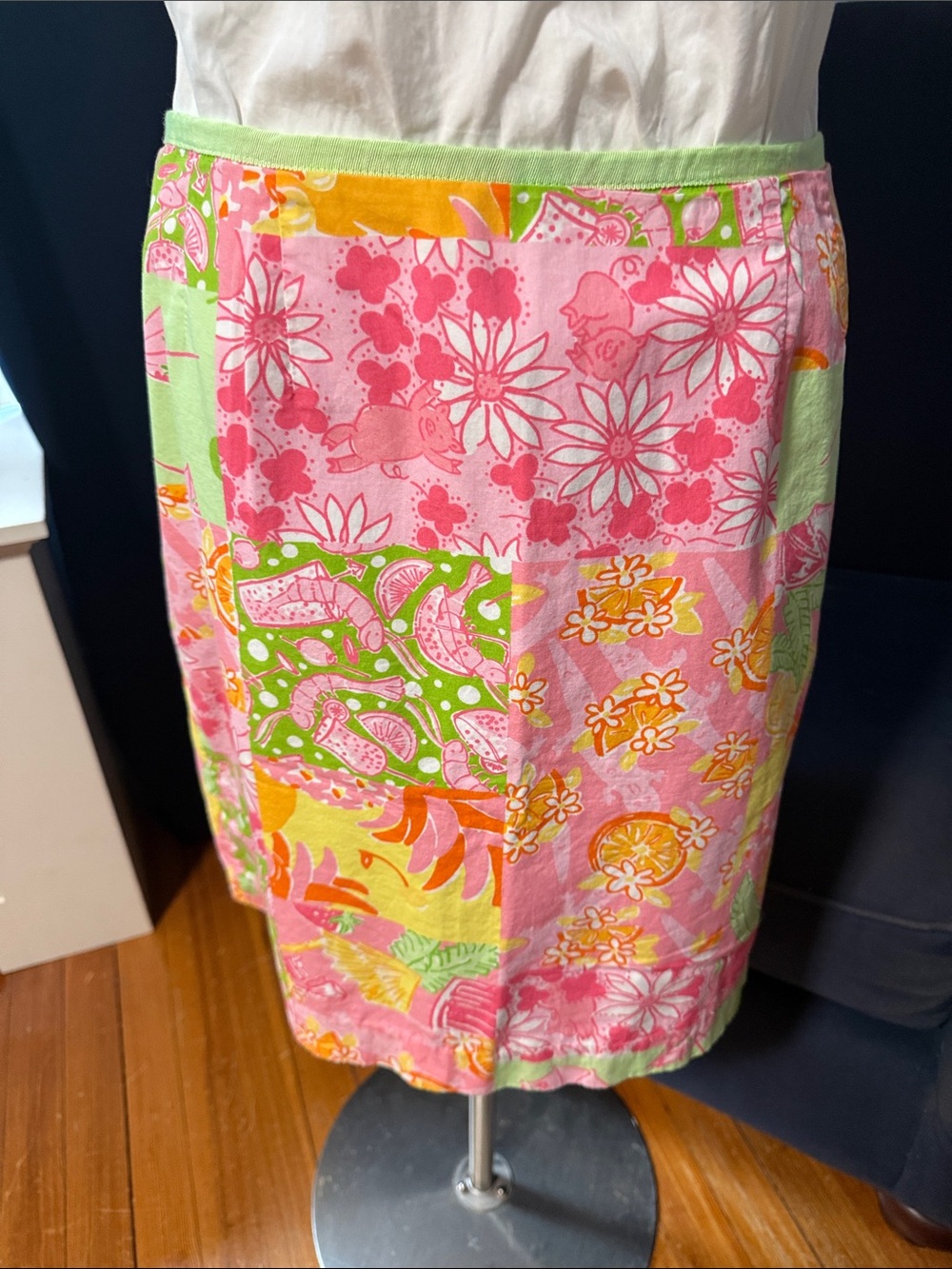 Lilly Pulitzer Pink Green Yellow Patchwork A-Line Skirt 10
